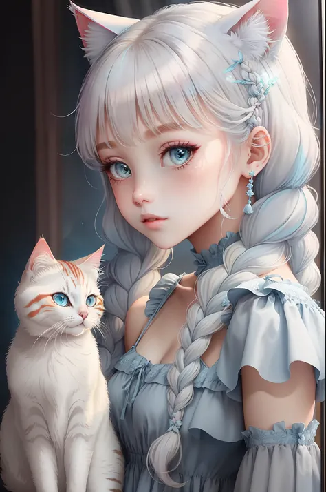 Princess　A Princess　Soft　Good style best quality(Highest Quality) , High quality(hiquality)　Soft hair light blue fluffy dress blonde　cat ear　Braids The whole body is reflected Very delicate tone and good atmosphere