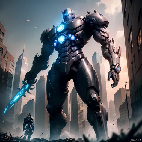 Jaeger from Pacific Rim,tall body,dark fantasy background, blue and balck color, fallen buildings background, standing pose,muscular ,day time ,fully detailed,big jaeger,eic ,cinematic, photorealistic, deadly 12 k resolution