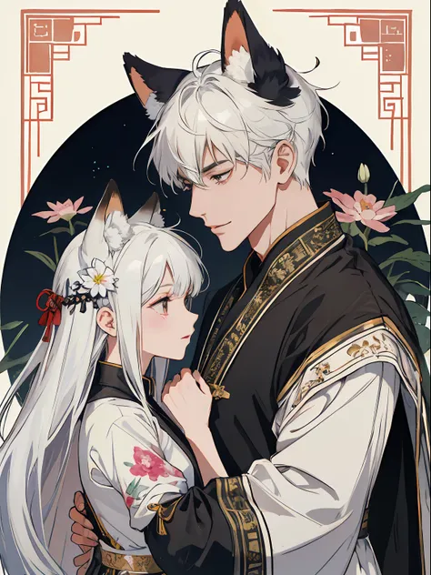 ((4K、tmasterpiece、top-quality))、(Two men face to face and smile)、White-haired man with beautiful fox ears、Strong man with brunette wolf ears、ink and watercolor painting、Traditional Chinese Ink Painting、lotuses、Hanfu、maxi kit、Dress conservatively、Animal ear...