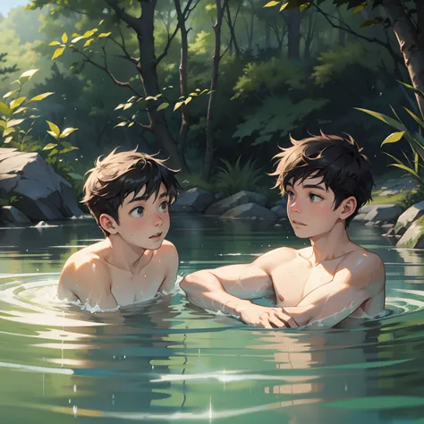 Two boys swimming together，Spring water