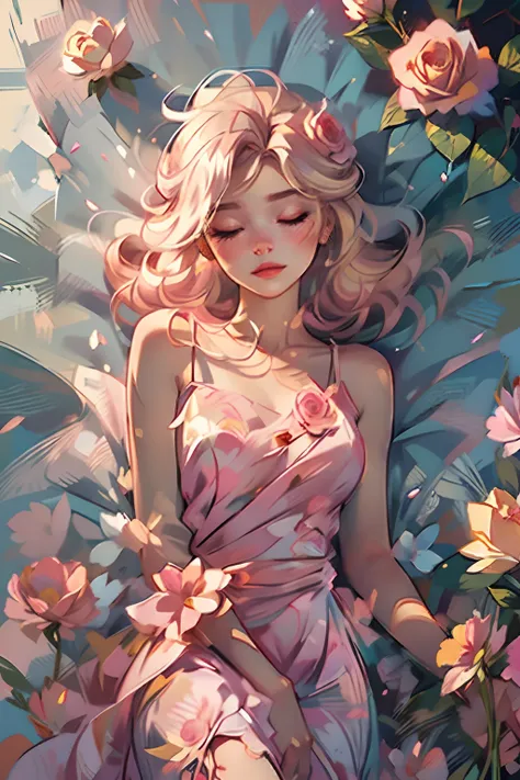 shui001,1girl, solo, flower, dress, blonde hair, closed eyes, pink flower, rose, lying, white dress, pink rose, on back, lips, makeup, sleeveless, floral print