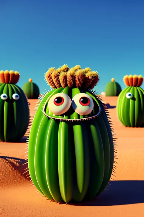 anthills made from adorable cactus,with big eyes,smiling face,animation,upscales