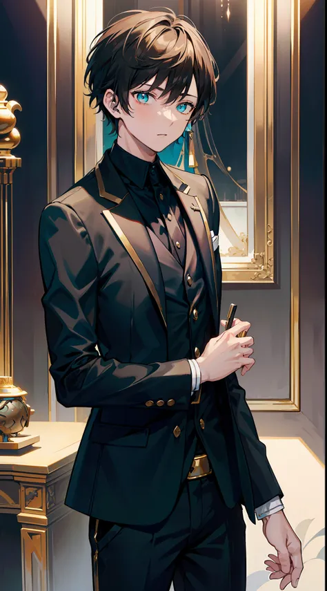 Young guy, short brown hair, Cyan eyes, Black suit with gold elements, Masterpiece, hiquality