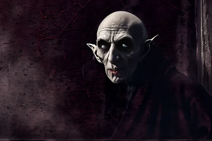 "Dark and haunting portrait of Nosferatu, the ancient vampire with sinister charm and terrifying presence, in a dramatic and atmospheric setting."