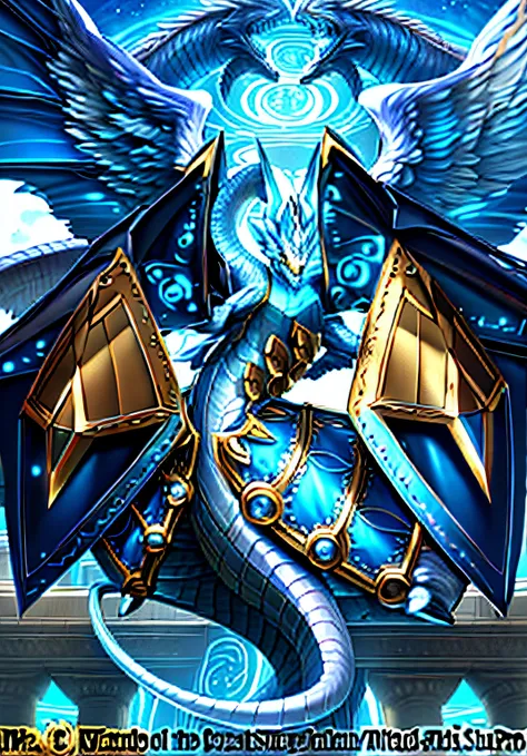 Anime poster of a winged creature with a sword and armor, Arte oficial de alto detalle, Mizutsune, blue eyes white dragon, Arte completo, mystical anubis valkyrie, Armadura dorada angelical, Ganador del concurso Pixiv, serafines, Golden Paladin, Victoria a...