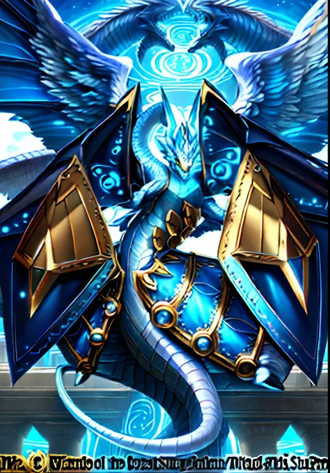 Anime poster of a winged creature with a sword and armor, Arte oficial de alto detalle, Mizutsune, blue eyes white dragon, Arte completo, mystical anubis valkyrie, Armadura dorada angelical, Ganador del concurso Pixiv, serafines, Golden Paladin, Victoria a...