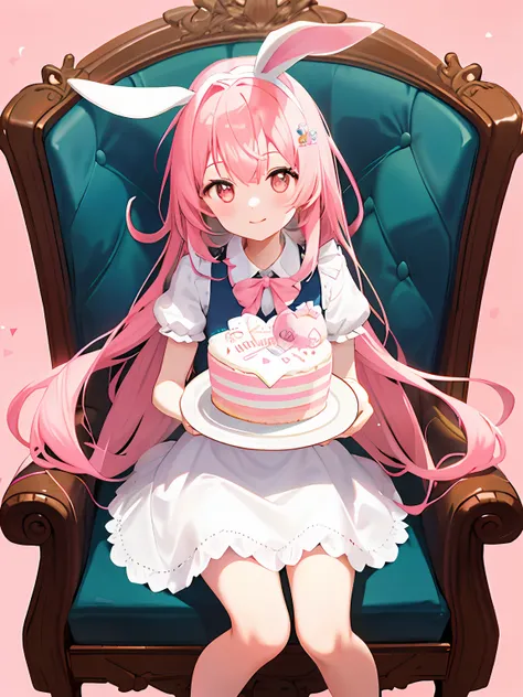 hyper HD, Retina Screen, tmasterpiece, one-girl, Wearing a pale pink dress,Colorful background,Backlight, sit on chair, ,Holding a cake with Happy First Anniversary of Seven Rabbits written on it pink theme。