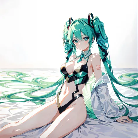 Hatsune Miku with big breasts，green necktie。Blue-green hair，red headgear。The red Hatsune Miku logo is printed on the arm，Hairstyles of anime characters。Smooth hair。sensual lingerie