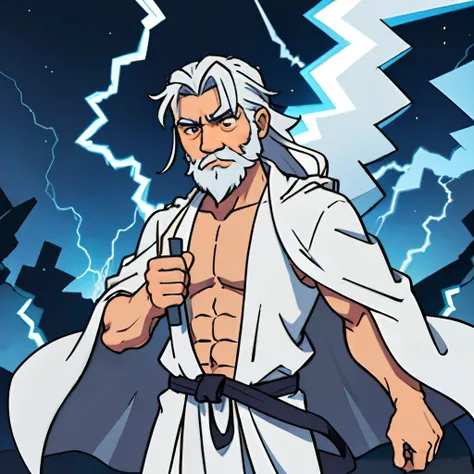 Zeus，a old man，whaite hair，Long beard，White robe，Thunder and lightning in hand，mito