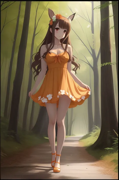 brunette anime woman in a light orange dress with a flower in her hair, full body portrait of a short!, nymph in dress, !!full body portrait!!, fullbody portrait, full body!, cute anime waifu in a nice dress, woman in a dress, full body:: sunny weather::, ...