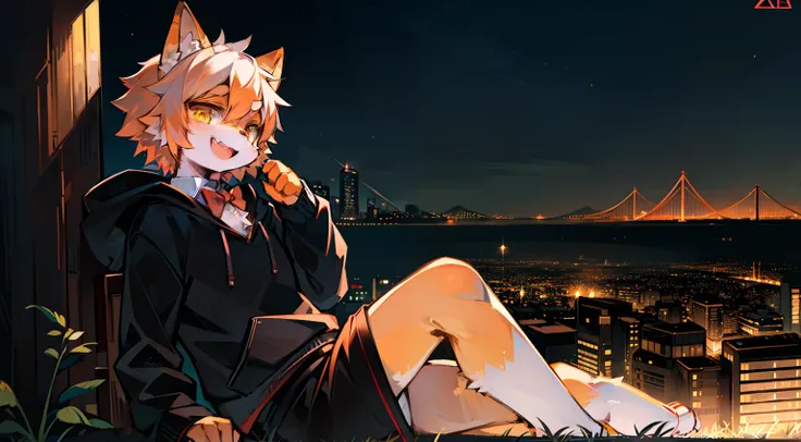 Solo, kemono, femboy, orange and white hair, yellow eyes, wear black hoodie, wear black boxer, wear red bow tie, look at camera, smile open mouth, sitting under the tree, green meadow background, city background, book on a ground, night time, side view