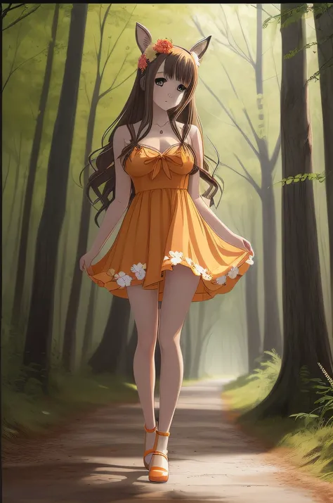 brunette anime woman in a light orange dress with a flower in her hair, full body portrait of a short!, nymph in dress, !!full body portrait!!, fullbody portrait, full body!, cute anime waifu in a nice dress, woman in a dress, full body:: sunny weather::, ...