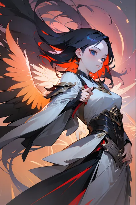 (((Masterpiece))),(((best qualtiy))),((Ultra-detailed)),(illustration),((anextremelydelicateandbeautiful)),dynamic angle,Two-dimensional girl，Cool and beautiful，the phoenix spreads its wings，Hanfu armor，combat state，Weapon in hand，Long hair flying，Peugeot ...