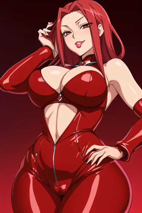 Code Geass, Kallen Stadfeldt 1girl, (((bimbo))), red hair, puffy lips, painted lips, thick lips, wide hips, thick thighs, big breast, huge ass, revealing cleavage, erotic, Smile face, bubble butt, camel toe, Breasts, red suit,