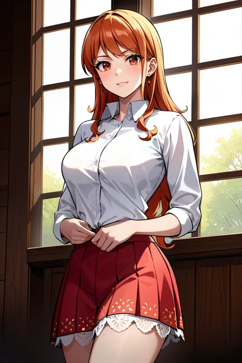 masterpiece, ((ultra detailed background, delicate pattern, intricate detail)), (highly detailed, fine details), best quality, beautiful lighting, ((medium breasts, slim girl)), NamiFinal, ((white shirt, red skirt)), simple shirt, 1girl, orange hair, solo,...