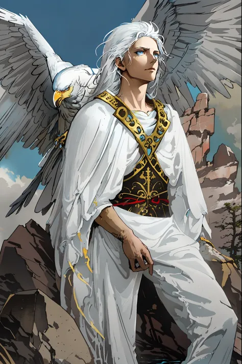 "Enchanting scene of a fearless youth with immaculate white hair and captivating blue eyes, standing confidently beside a regal white eagle perched on a rugged rock, both intently gazing towards the distant horizon of a forgotten era."