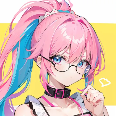 Neon-like vivid pink gradient to vivid blue hair，Tied with a high ponytail，With round thick-rimmed glasses，Pink collar，red colour，in pink，Yellow matching milky dress，A cute girl who looks like a fierce milk