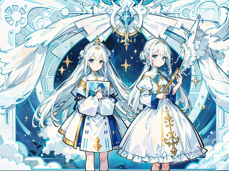 Beautiful girl with white hair，angelicales，Wearing a plain white dress，There is a halo on the top of the head，french braid，Extremely long hair，There is only one wing behind him，adolable，epic exquisite  character art, Amazing characters，Medieval theme，Chara...