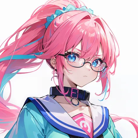 Neon-like vivid blue gradient to vivid pink hair，Tied with a high ponytail，With round thick-rimmed glasses，Pink collar，red colour，In pink，Yellow with cream dress，A cute girl who looks like fierce