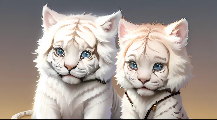 cute tiny  hyperrealistic white tiger with different color eyes waring a necklace, Chibi, adorable and fluffy, logo design, cartoon, cinematic lighting effect, charming, 3D vector art, cute and quirky, fantasy art, bokeh, hand-drawn, digital painting, soft...