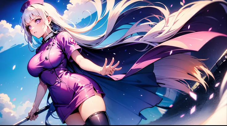 white hair，hinata hinata，wear a nurse's uniform，bigboobs，black stockings，are standing，skysky，light particles