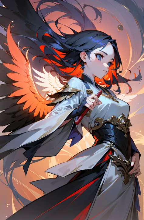 (((Masterpiece))),(((best qualtiy))),((Ultra-detailed)),(illustration),((anextremelydelicateandbeautiful)),dynamic angle,Two-dimensional girl，He wears a winged headdress，Cool and beautiful，the phoenix spreads its wings，Hanfu armor，combat state，Weapon in ha...