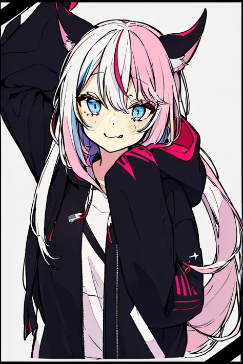 1girl, solo, hood, blue eyes, tongue, tongue out, long hair, long sleeves, bangs, hood up, black hoodie, arm up, upper body, mul...