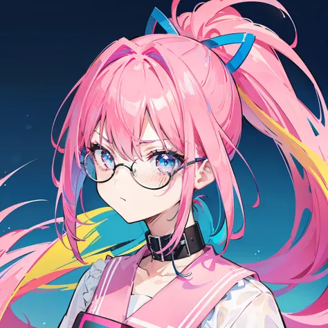 Neon-like vivid blue gradient to bright pink hair，Tied with a high ponytail，With round thick-rimmed glasses，Pink collar，red colour，In pink，Yellow with cream dress，A cute girl who looks fierce