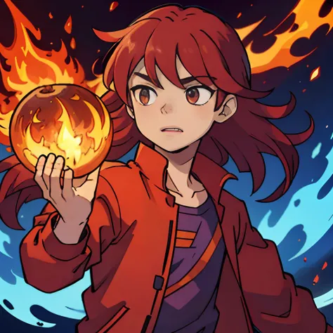 A boy，Red long-haired，The whole body is surrounded by flames，Holding a fireball in his hand，Supernatural energy，Psychic