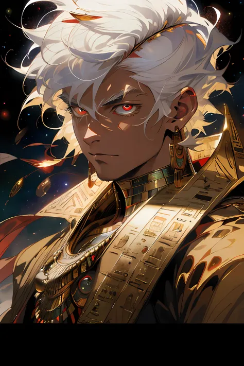 Realistic, (masterpiece, top quality, best quality, official art,), very detailed, most detailed, (1boy:1.3), gods, white hair, (glowing red eyes), mysterious, (magic), handsome men, ((Egyptian style)), headdresses, gold ornaments, bandages, pharaohs, cosm...