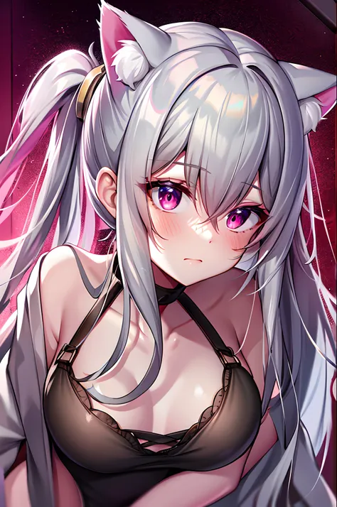 Masterpiece, Best Quality, High Resolution, Cat Ears Girl, Ponytail, Pink Eyes, Hair Between Eyes, Bangs, Silver Hair, Clavicle, Halter Neck, Breasts, Very Long Hair, Small, School Swimsuit