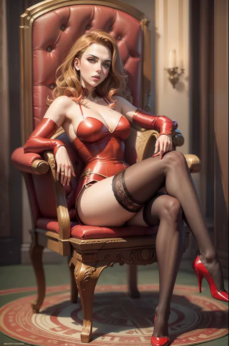 Scarlett Johansson，Raised sexy，Long legs，your jade feet，Red stockings，Bare lace all over，Red knee-length socks，Sit on the throne，Realistic red stockings
Wait for it to start