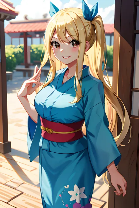 masterpiece, best quality, highres, lucy heartfilia, blonde hair, long hair, large breasts,yukata,cowboy shot, standing, looking at viewer, , outdoor, summer festival, blush, shy, smile, show teeth, stocking,