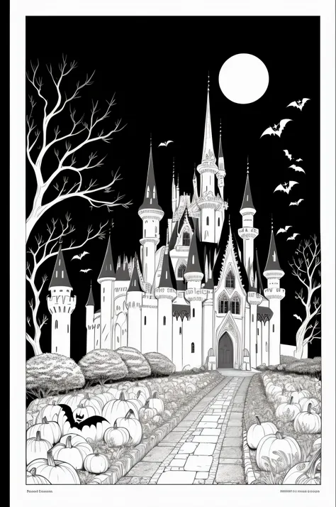 Create a Halloween Coloring Book, pumpkin, castles, Birds, fairies, black and white line art, Clean white background, High resolution photos.