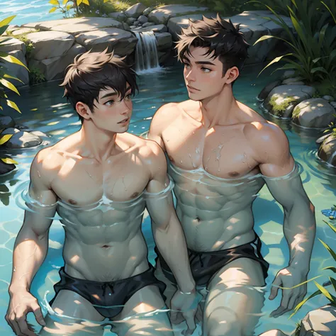 Two boys swimming together，Spring water，Raised sexy