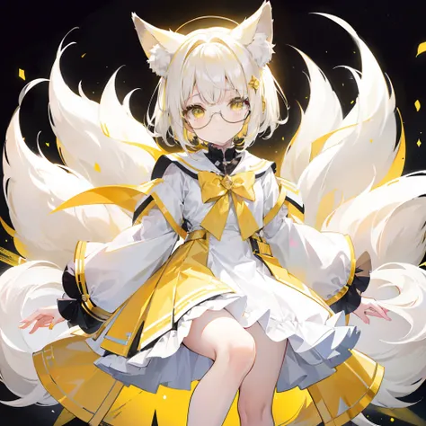 short detailed hair，Fluffy light yellow，Wear a white and yellow fluffy skirt，It has yellow fox ears，Black extra-thick-rimmed glasses，Wearing knee-length white silk，This is a cute loli girl