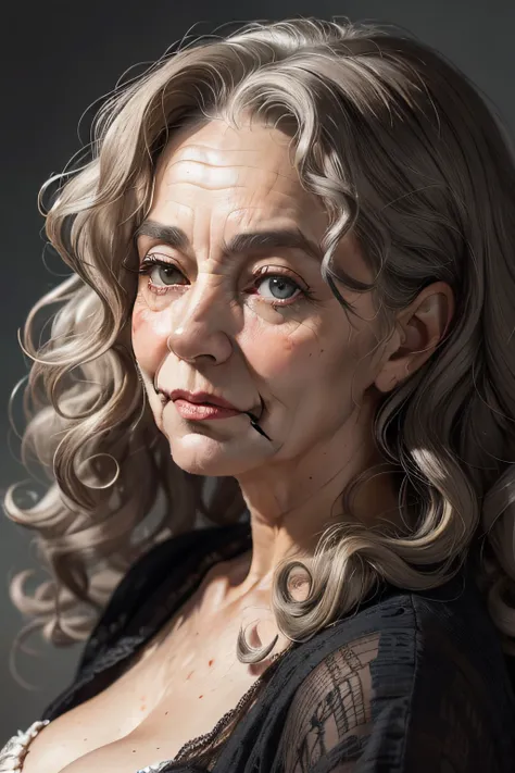 ((beautiful old woman with abundant curly hair)), aged, wise, graceful, enchanting, expressive eyes, wrinkled skin, natural gray hair, textured details, captivating portrait, dramatic lighting, vintage vibes.