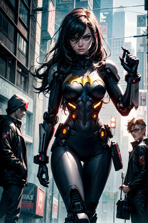 "dark_fantasy cyberpunk with a captivating robotic presence: a cybernetic guardian and batgirl."