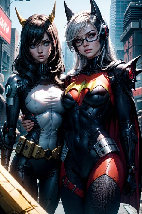 "dark_fantasy cyberpunk with a captivating robotic presence: a cybernetic guardian and batgirl."