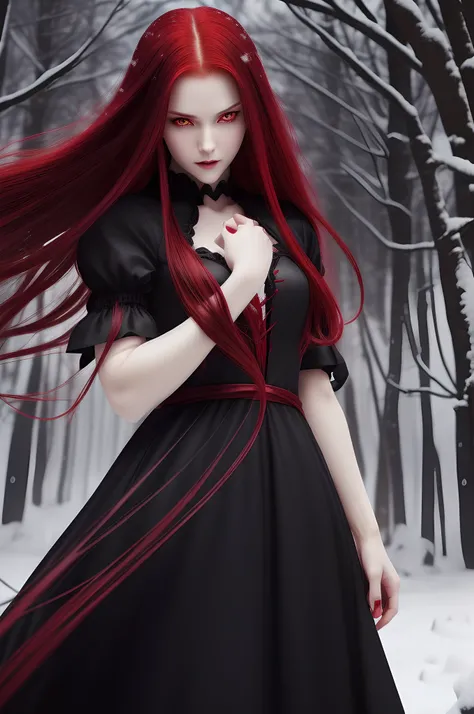 (Vampire、(Fair skin)、(Snow-white skin)、long red hair、Jet black dress、(eyes glowing red)、(red pupils、Golden Eyes)、ruthless look、The smell of blood、Beautiful figure、Perfect Style、Dark、rays of moonlight)