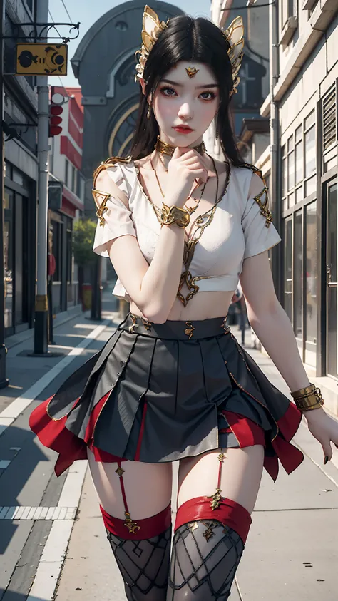 Arad woman poses for a photo in a short skirt and white shirt, Surrealism female students, Surrealism female students, Realistic schoolgirl, photorealistic anime girl rendering, thighhighs and skirt, 3 d anime realistic, small curvaceous loli, wearing skir...