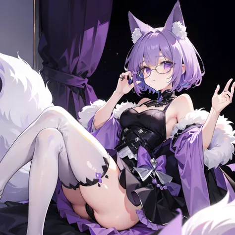 short detailed hair，Fluffy light purple，Wear a black and purple fluffy skirt，It has purple fox ears，White extra-thick-framed glasses，Wears knee-length black silk，This is a cute royal sister girl