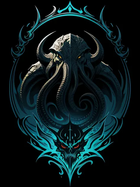 [cthulhu] Heraldic silhouette, logo masking style illustration, by dan mumford, by greg rutkowski, by james jean, black background, mysterious, fantasy art, realistic, majestic, rich vibrant colors, high contrast, seamless water brand, artstation, devianta...