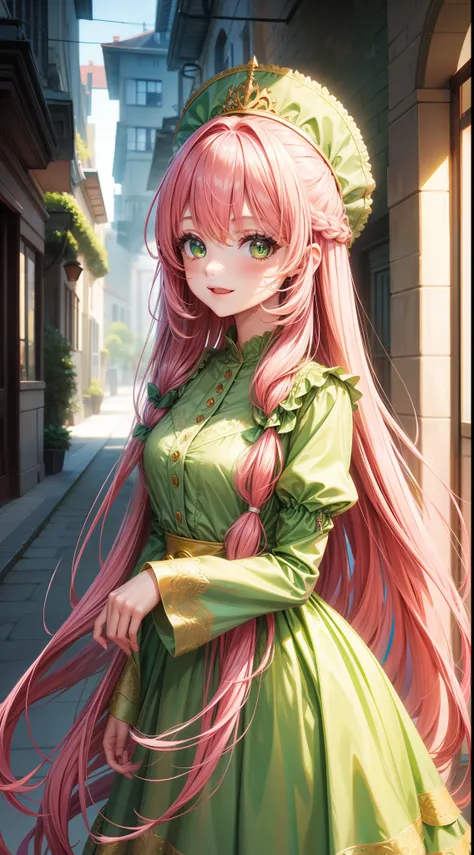 young girl, long pink hair, Green eyes, Green Light Dress, ssmile, Masterpiece, hiquality