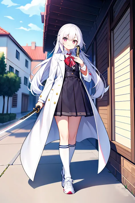 tmasterpiece, Need, 1girl, whaite hair, mid - length hair, eye closeds, looking at viewert, :3, adolable, White coat， exteriors, the street,holding samurai sword，nike shoes