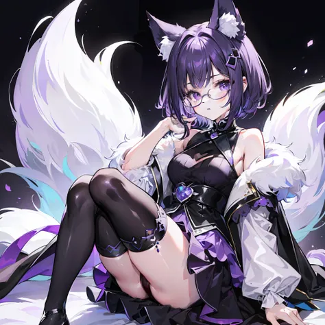 short detailed hair，Fluffy light purple，Wear a black and purple fluffy skirt，It has purple fox ears，White thin-rimmed glasses，Wears knee-length black silk，This is a cute royal sister girl