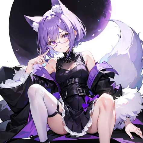 short detailed hair，Fluffy light purple，Wear a black and purple fluffy skirt，It has purple fox ears，White thin-rimmed glasses，Wears knee-length black silk，This is a cute royal sister girl