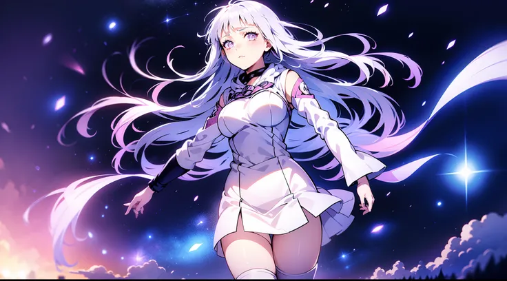 white color hair，hinata hinata，wear a bandage outfit，bigboobs，long white stockings，are standing，starrysky，light particles