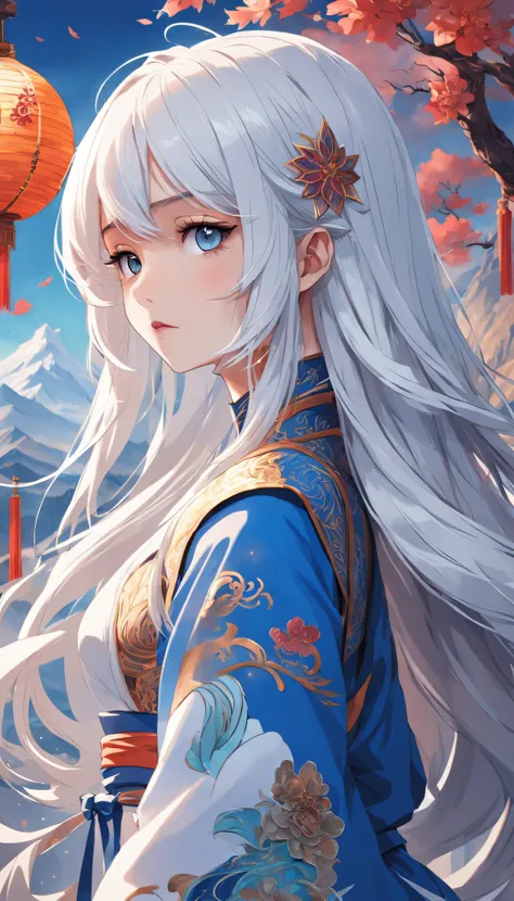 Royal sister，Raised sexy，(1girll，White color hair，Blue clothes，closeup cleavage， colorfull long hair, Oriental elements)，(Super refined，Chinese illustration:1.3，paper art:1.3, Quilted paper art:1.2),( reasonable design, Clear lines, High sharpness,Best qua...