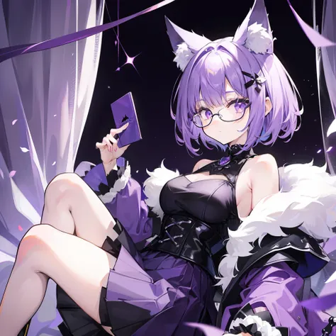 short detailed hair，Fluffy light purple，Wear a black and purple fluffy skirt，It has purple fox ears，White extra-thick-framed glasses，Wears knee-length black silk，This is a cute royal sister girl